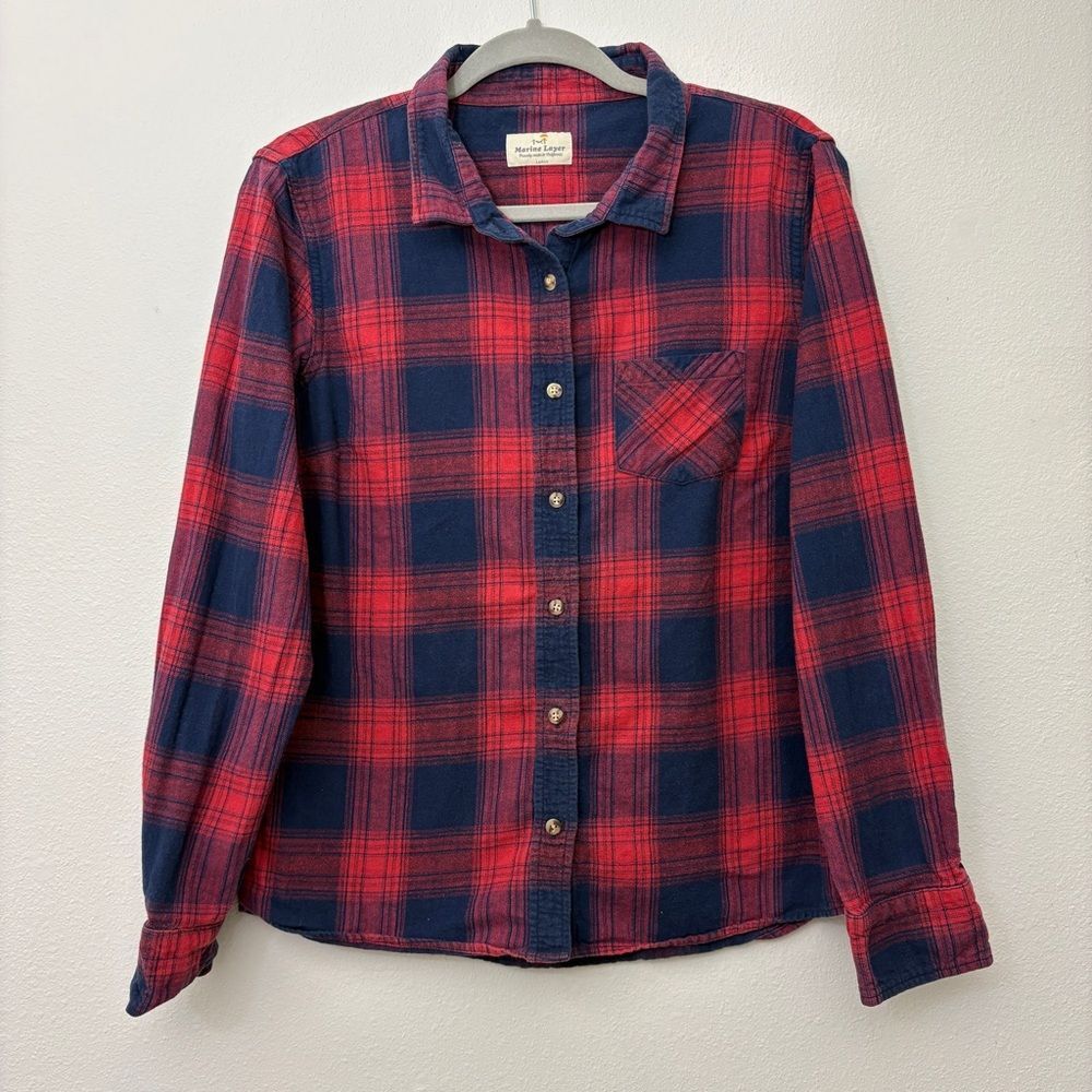 Marine Layer Red and Navy Plaid Shirt